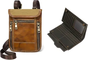 LANNSYNE Full Grain Leather Travel Wallet, Leather Cell Phone Belt Bag, Waist Pack Pouch, Neck Wallet Travel Pouch and Passport Holder for Men and Women Keep Valuables Safe and