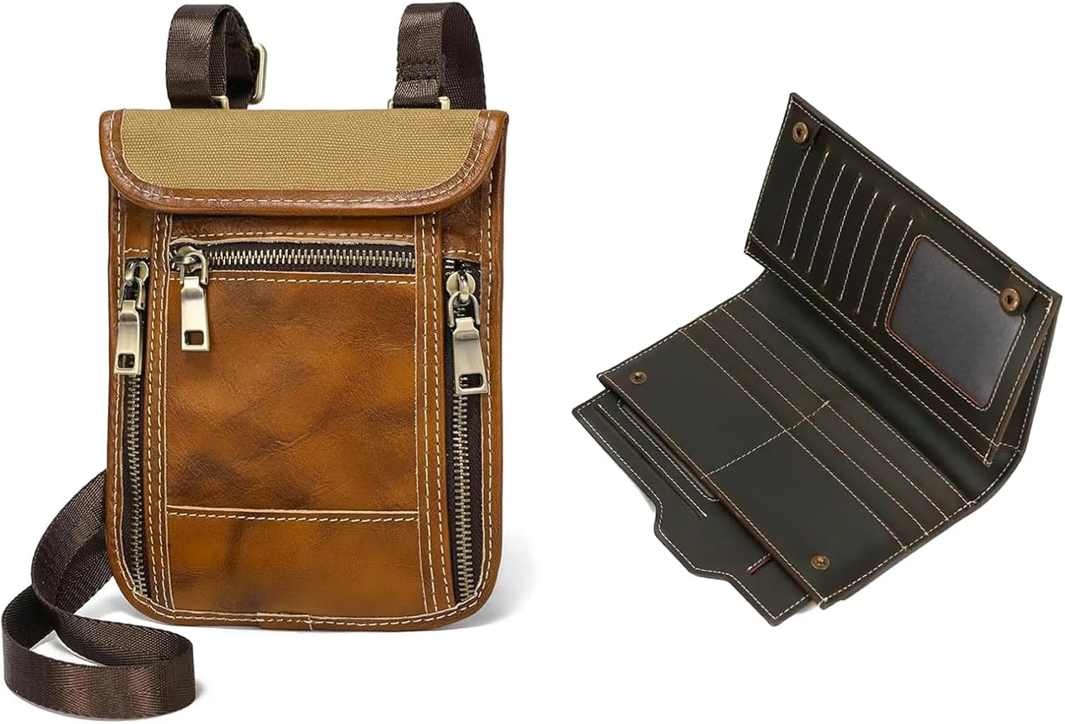 LANNSYNE Full Grain Leather Travel Wallet, Leather Cell Phone Belt Bag, Waist Pack Pouch, Neck Wallet Travel Pouch and Passport Holder for Men and Women Keep Valuables Safe and