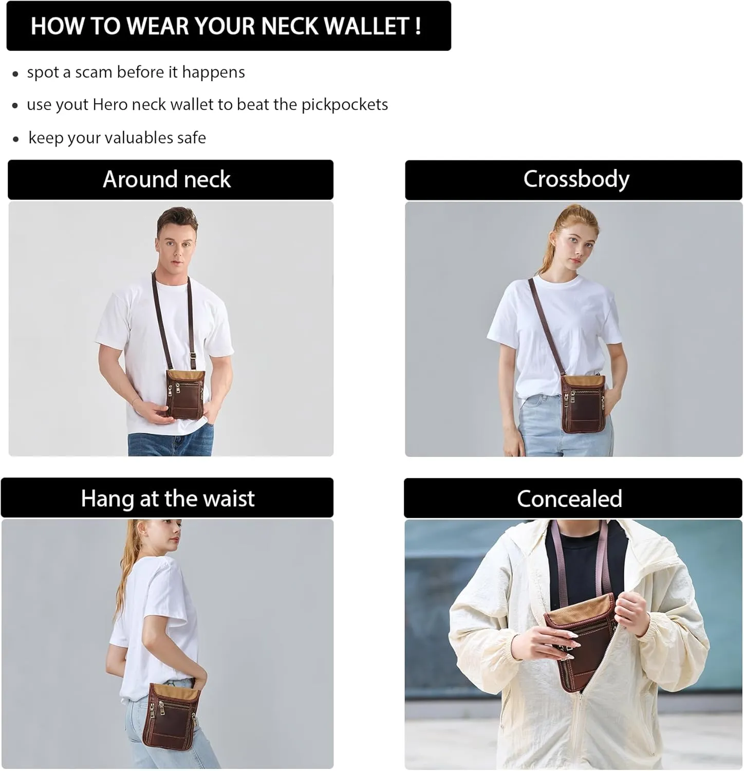 LANNSYNE Full Grain Leather Travel Wallet, Leather Cell Phone Belt Bag, Waist Pack Pouch, Neck Wallet Travel Pouch and Passport Holder for Men and Women Keep Valuables Safe