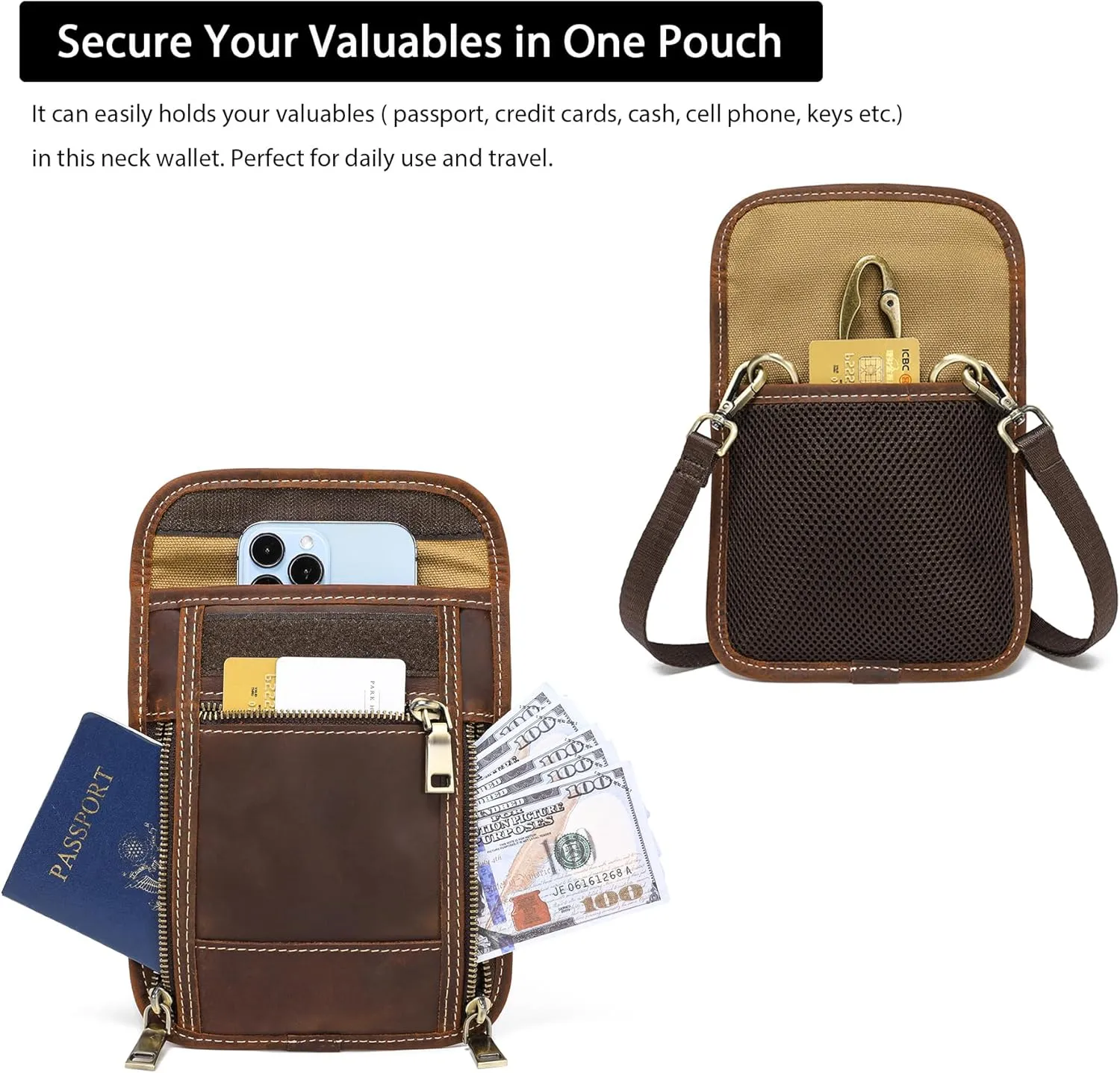 LANNSYNE Full Grain Leather Travel Wallet, Leather Cell Phone Belt Bag, Waist Pack Pouch, Neck Wallet Travel Pouch and Passport Holder for Men and Women Keep Valuables Safe