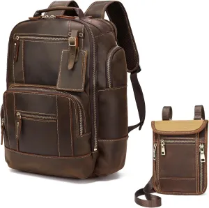 LANNSYNE Leather Backpack for men, 15.6" Laptop Backpack, Neck Wallet Travel Pouch and Passport Holder for Men and Women Keep Valuables Safe