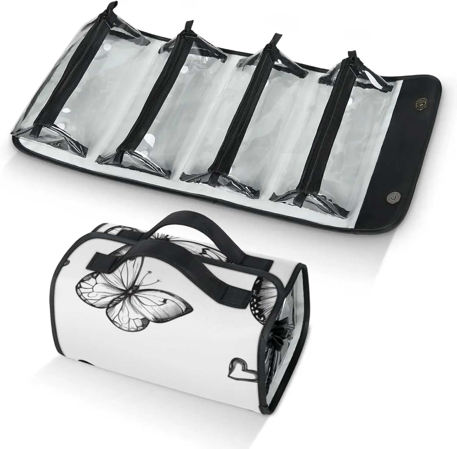 Large Capacity 4-in-1 Hanging Travel Toiletry Bag Storage Organizer With 4 Detachable Removable Zipper Clear Pouches Active Butterfly