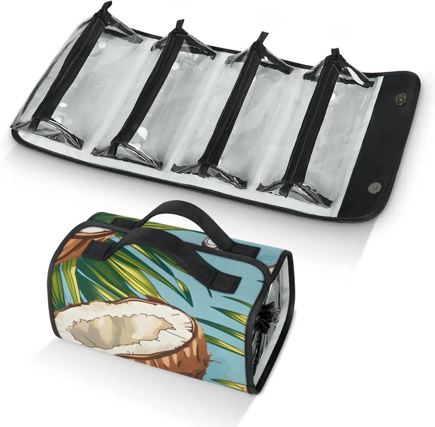 Large Capacity 4-in-1 Hanging Travel Toiletry Bag Storage Organizer With 4 Detachable Removable Zipper Clear Pouches Cartoon Coconuts