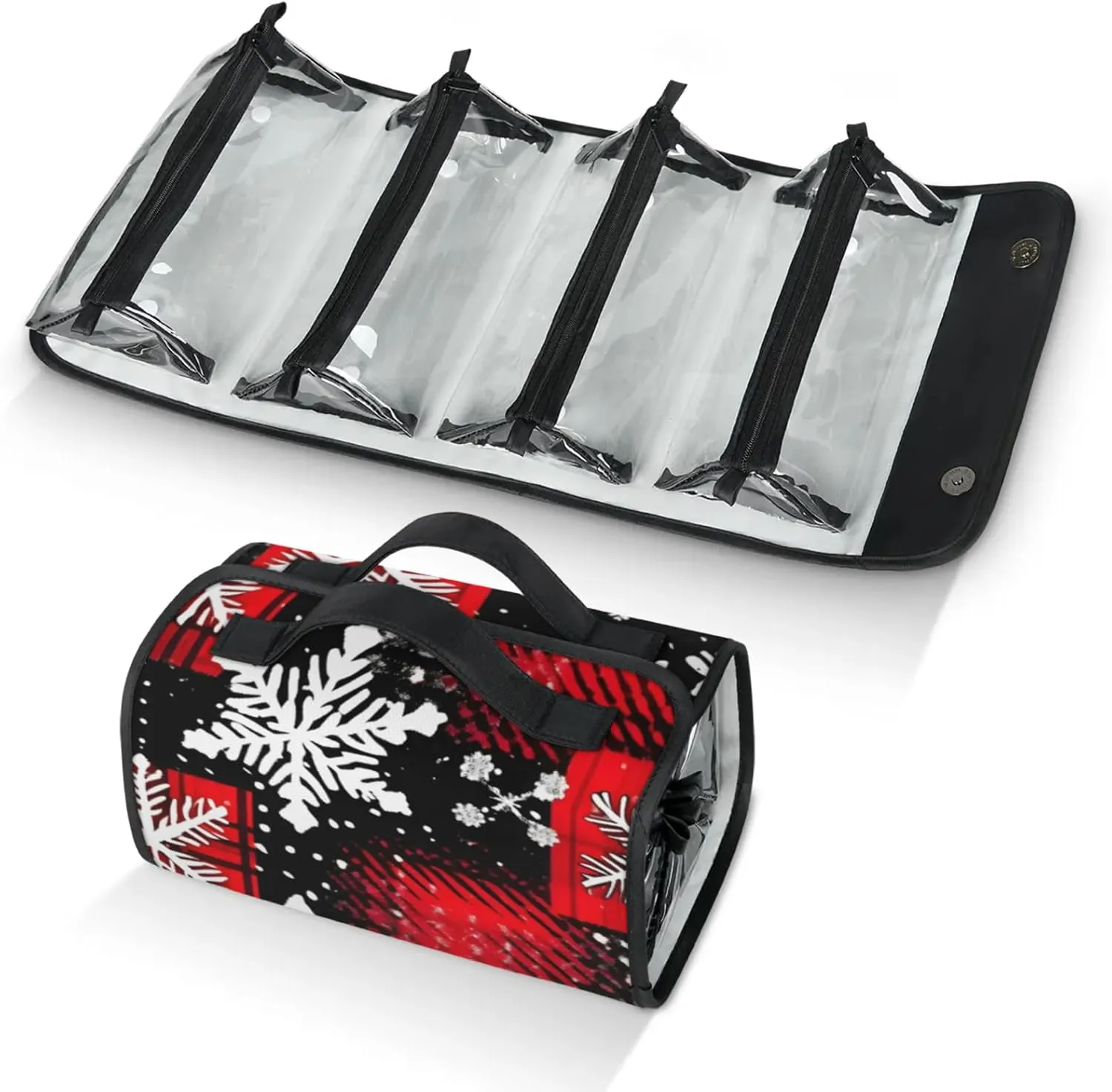 Large Capacity 4-in-1 Hanging Travel Toiletry Bag Storage Organizer With 4 Detachable Removable Zipper Clear Pouches Christmas Gingham Snowflakes