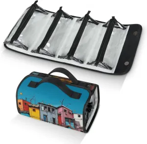 Large Capacity 4-in-1 Hanging Travel Toiletry Bag Storage Organizer With 4 Detachable Removable Zipper Clear Pouches Colorful Water City