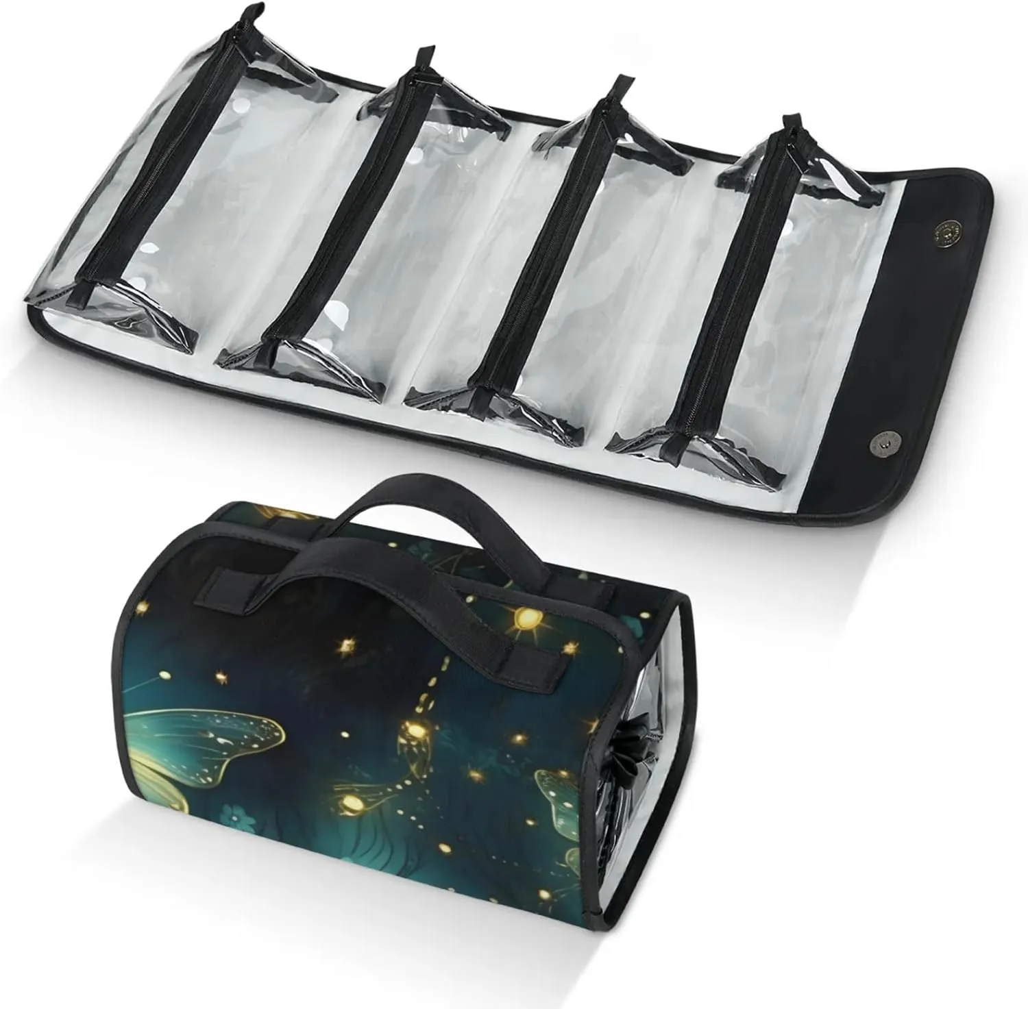 Large Capacity 4-in-1 Hanging Travel Toiletry Bag Storage Organizer With 4 Detachable Removable Zipper Clear Pouches Fluorescent butterflies