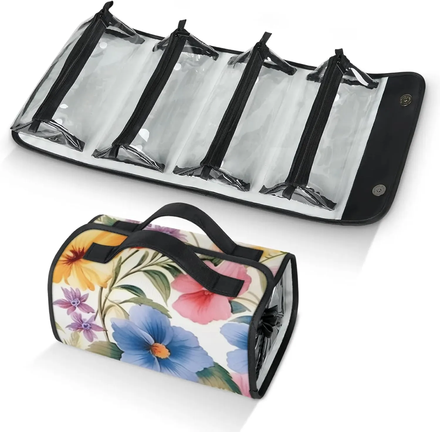 Large Capacity 4-in-1 Hanging Travel Toiletry Bag Storage Organizer With 4 Detachable Removable Zipper Clear Pouches Peony