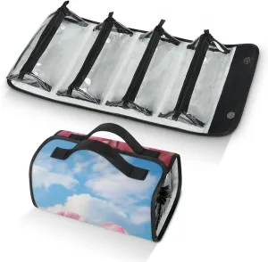 Large Capacity 4-in-1 Hanging Travel Toiletry Bag Storage Organizer With 4 Detachable Removable Zipper Clear Pouches Pink Tulips