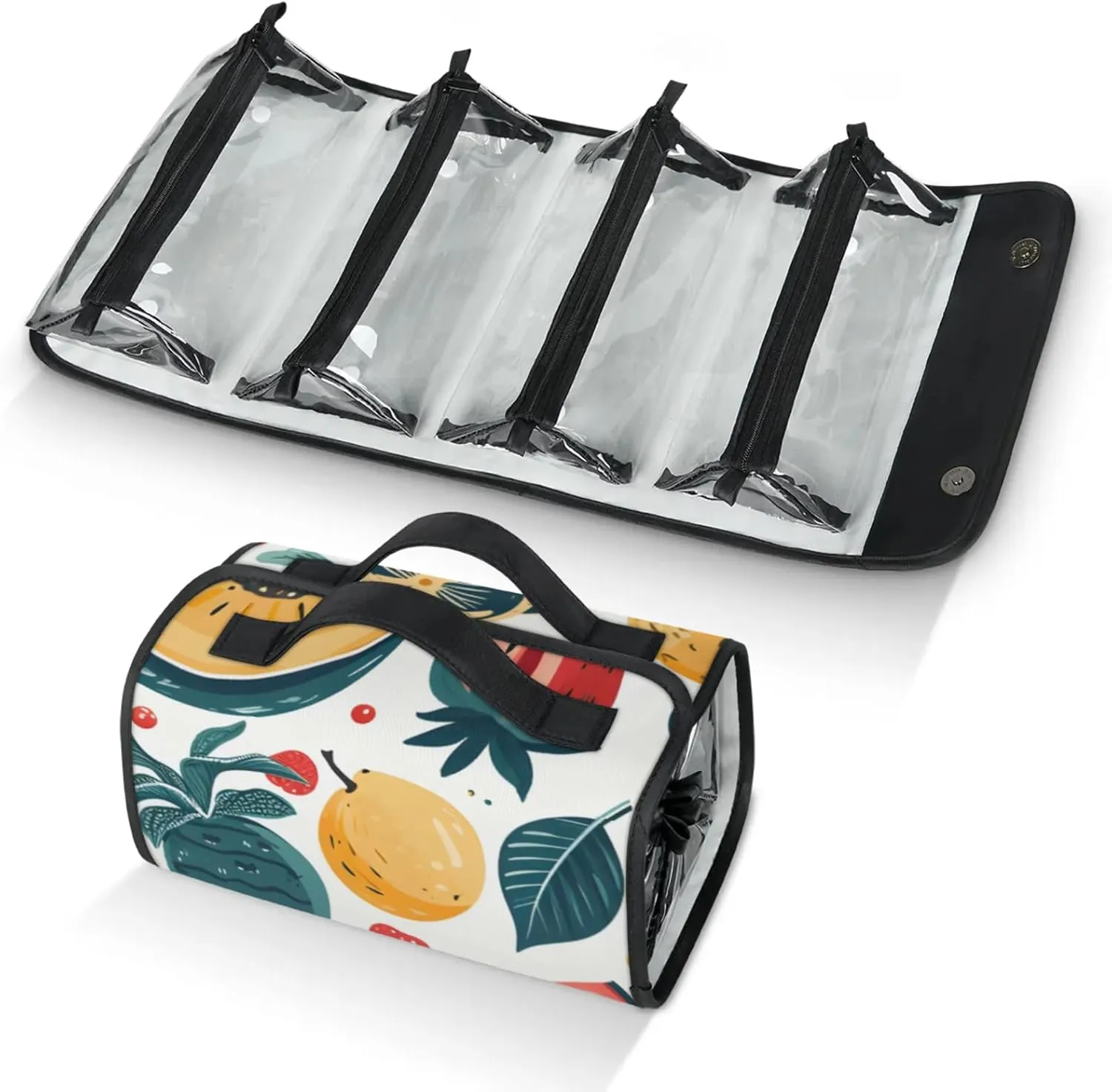 Large Capacity 4-in-1 Hanging Travel Toiletry Bag Storage Organizer With 4 Detachable Removable Zipper Clear Pouches Tropical Fruits Strawberry Kiwi