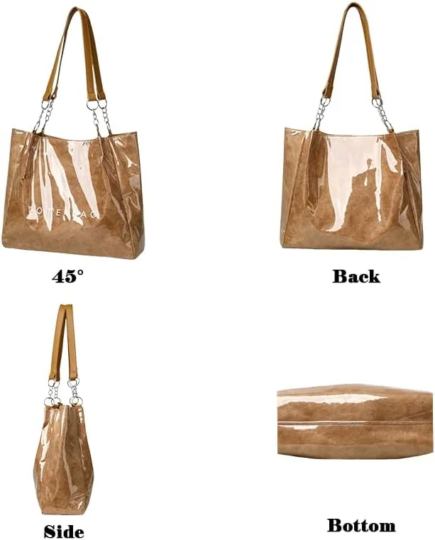Large Capacity PVC Tote Bags for Women Plastic Letters Print Kraft Paper Handbag Clear Shopping Beach Shoulder Bag