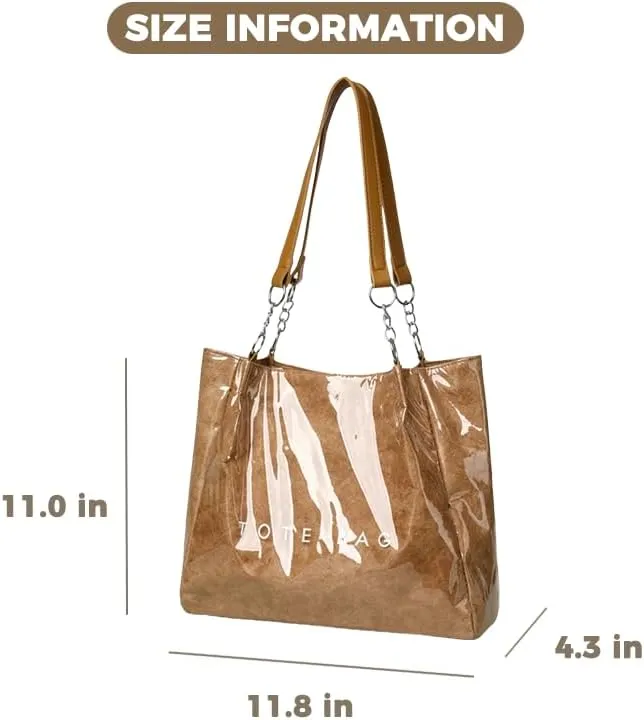 Large Capacity PVC Tote Bags for Women Plastic Letters Print Kraft Paper Handbag Clear Shopping Beach Shoulder Bag