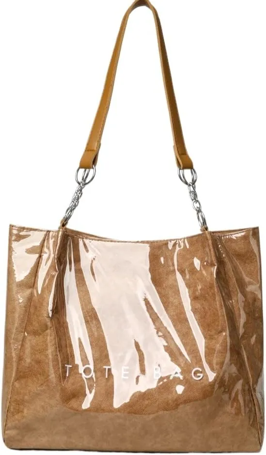 Large Capacity PVC Tote Bags for Women Plastic Letters Print Kraft Paper Handbag Clear Shopping Beach Shoulder Bag