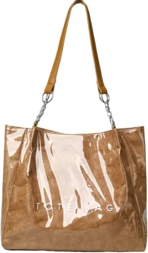 Large Capacity PVC Tote Bags for Women Plastic Letters Print Kraft Paper Handbag Clear Shopping Beach Shoulder Bag