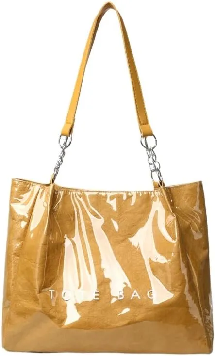 Large Capacity PVC Tote Bags for Women Plastic Letters Print Kraft Paper Handbag Clear Shopping Beach Shoulder Bag