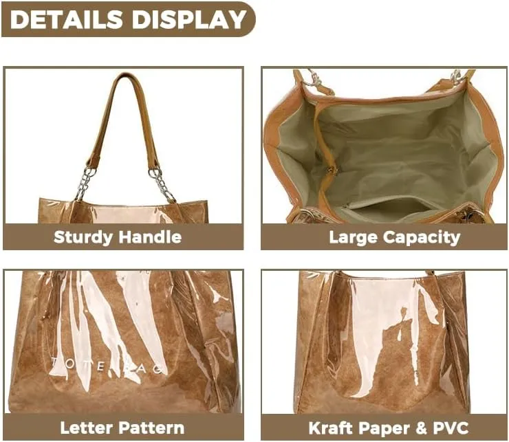 Large Capacity PVC Tote Bags for Women Plastic Letters Print Kraft Paper Handbag Clear Shopping Beach Shoulder Bag