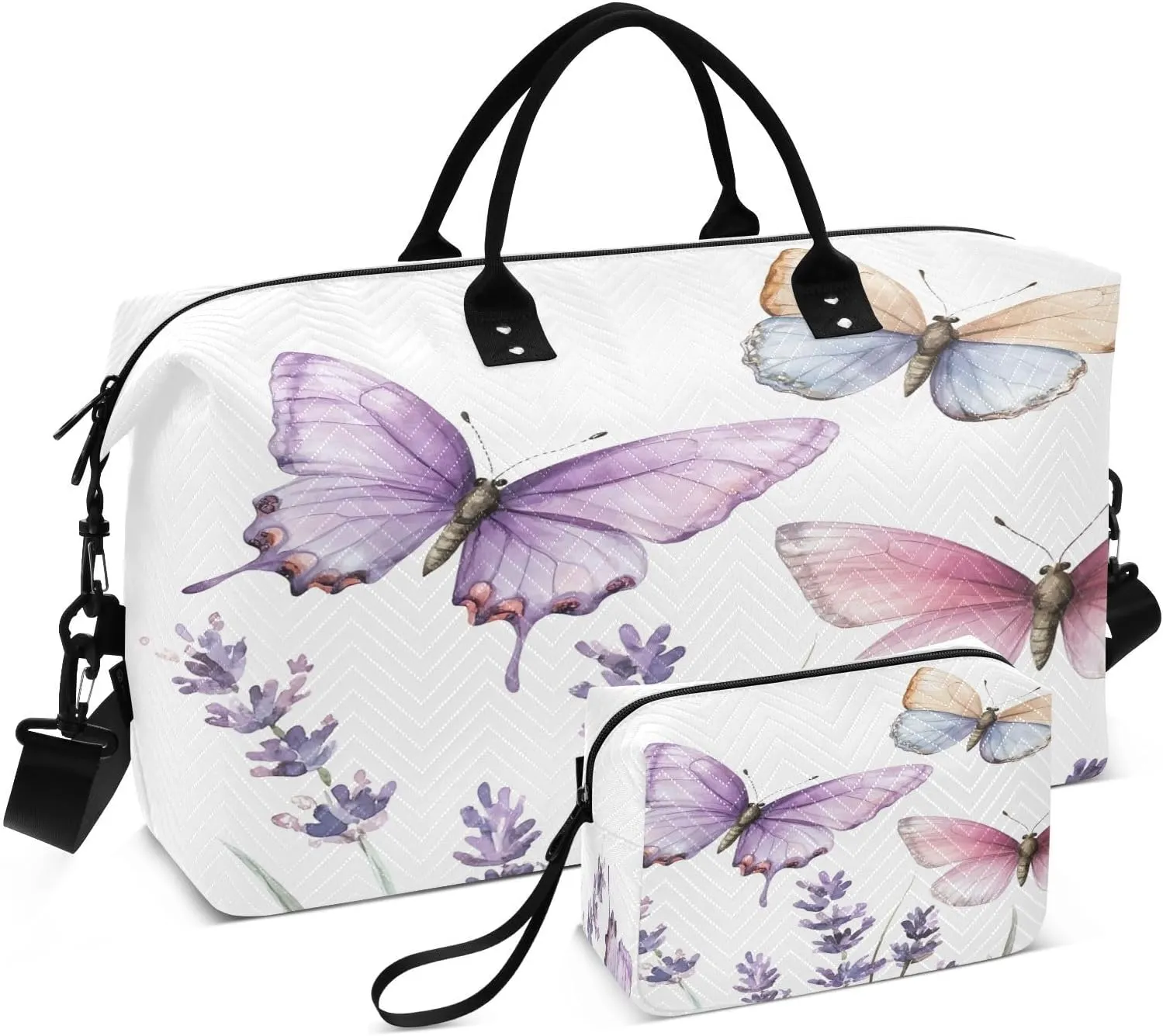 Lavender and Butterfly Travel Duffel Bags 2PCS,Sports Duffel Bags for Men Women,Weekender Overnight Bag Gym Tote Bag with Toiletry Bag