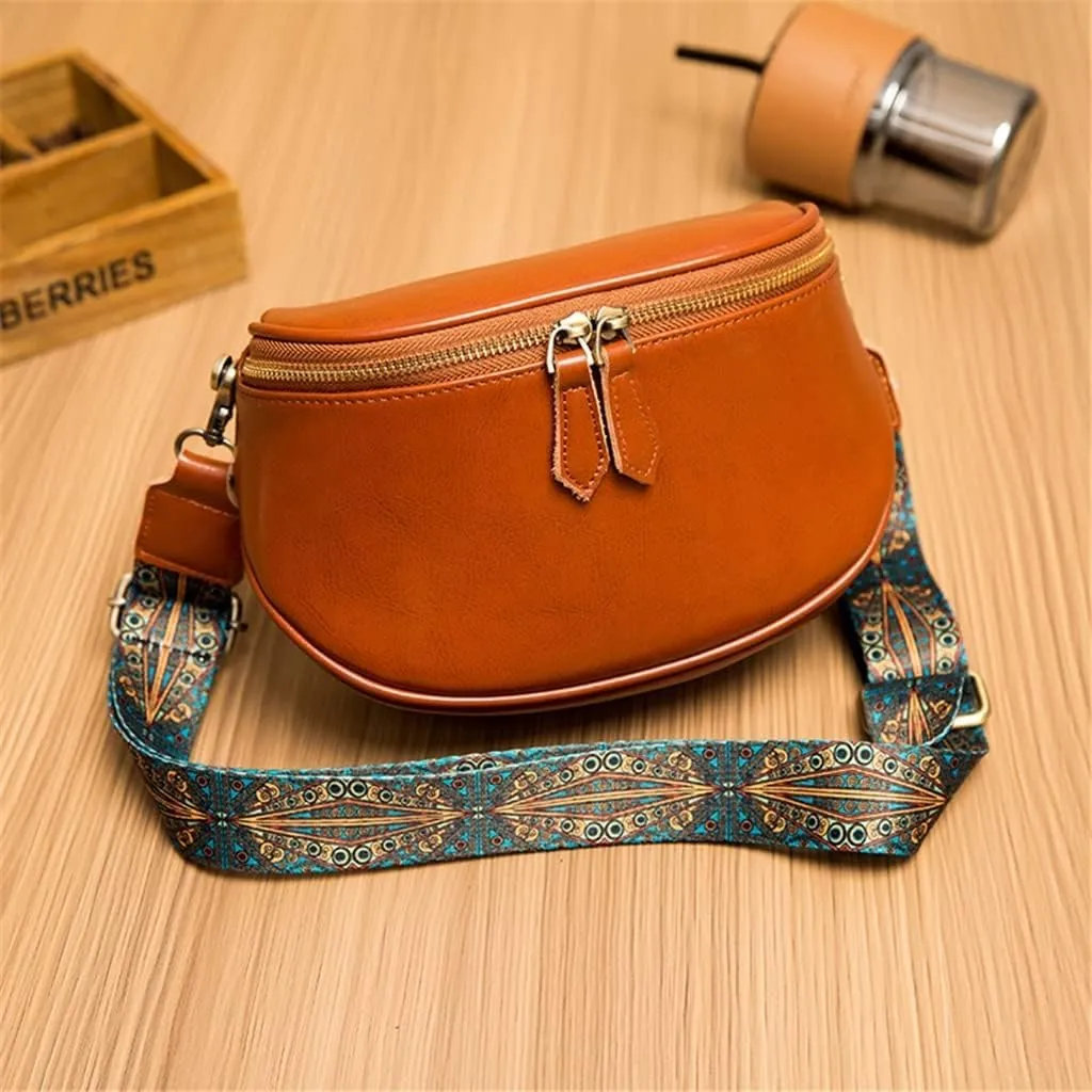 Leather Bag Women's Bag Fashion Retro Layer Vegetable Tanned Leather Shoulder Messenger Bag Saddle Bag(D)