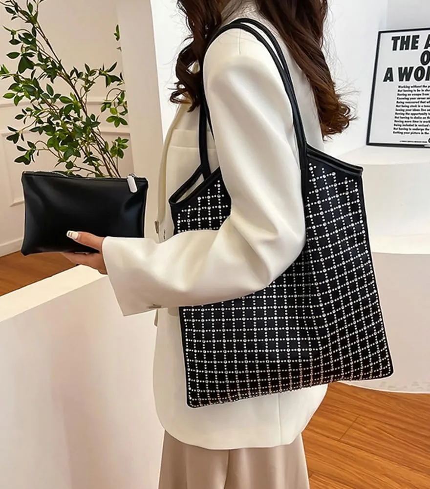 Leather Tote Bag for Women Trendy Rhinestone Plaid Shoulder Bags with Coin Purse Large Hobo Bags Top Handle Handbag