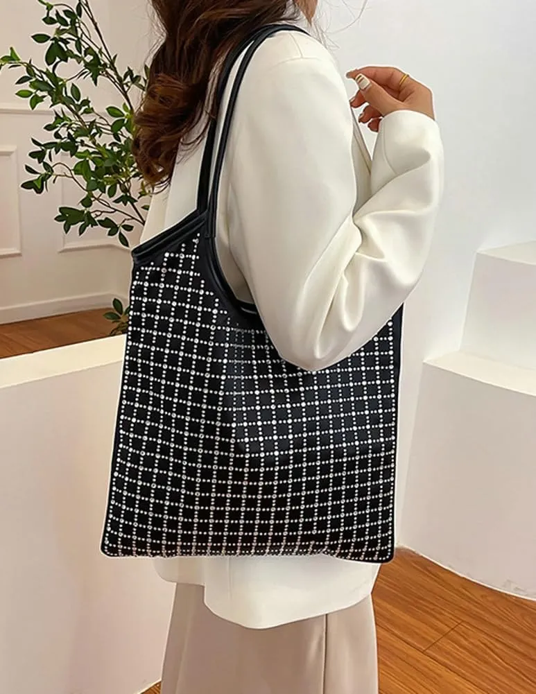 Leather Tote Bag for Women Trendy Rhinestone Plaid Shoulder Bags with Coin Purse Large Hobo Bags Top Handle Handbag