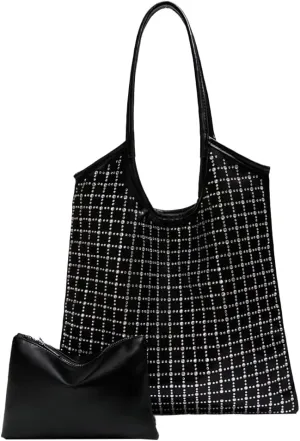 Leather Tote Bag for Women Trendy Rhinestone Plaid Shoulder Bags with Coin Purse Large Hobo Bags Top Handle Handbag