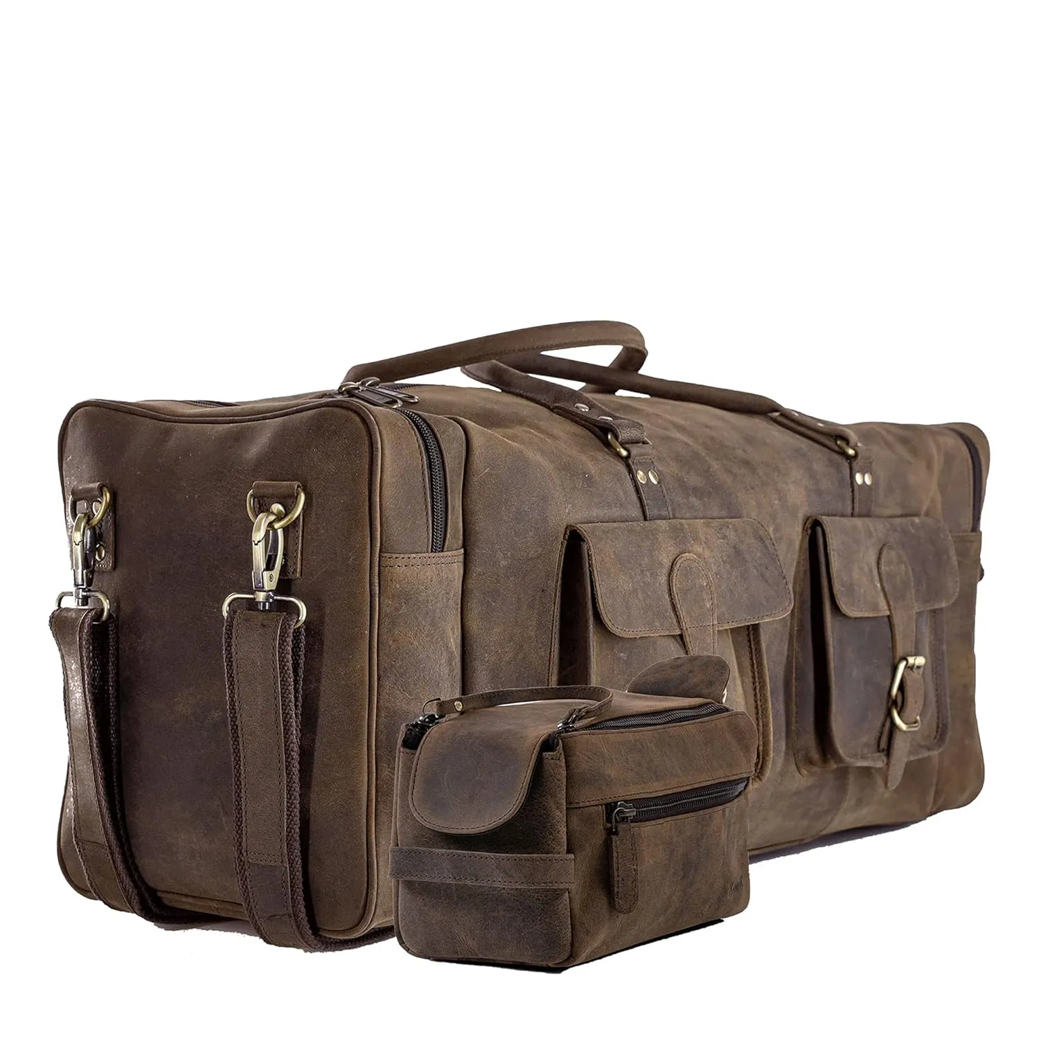 Leather Unisex Toiletry Bag Travel Dopp Kit and leather 28 inch overnight weekend duffle bag Cabin Holdall Bag for Men and Women Combo Pack