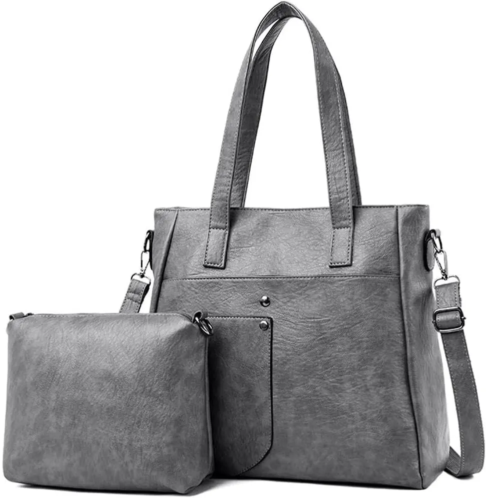 Leather Women Handbags and Purse Set Soft Shoulder Bags Medium Satchel Minimalist Ladies Tote Crossbody 2-Pcs