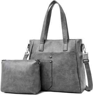 Leather Women Handbags and Purse Set Soft Shoulder Bags Medium Satchel Minimalist Ladies Tote Crossbody 2-Pcs
