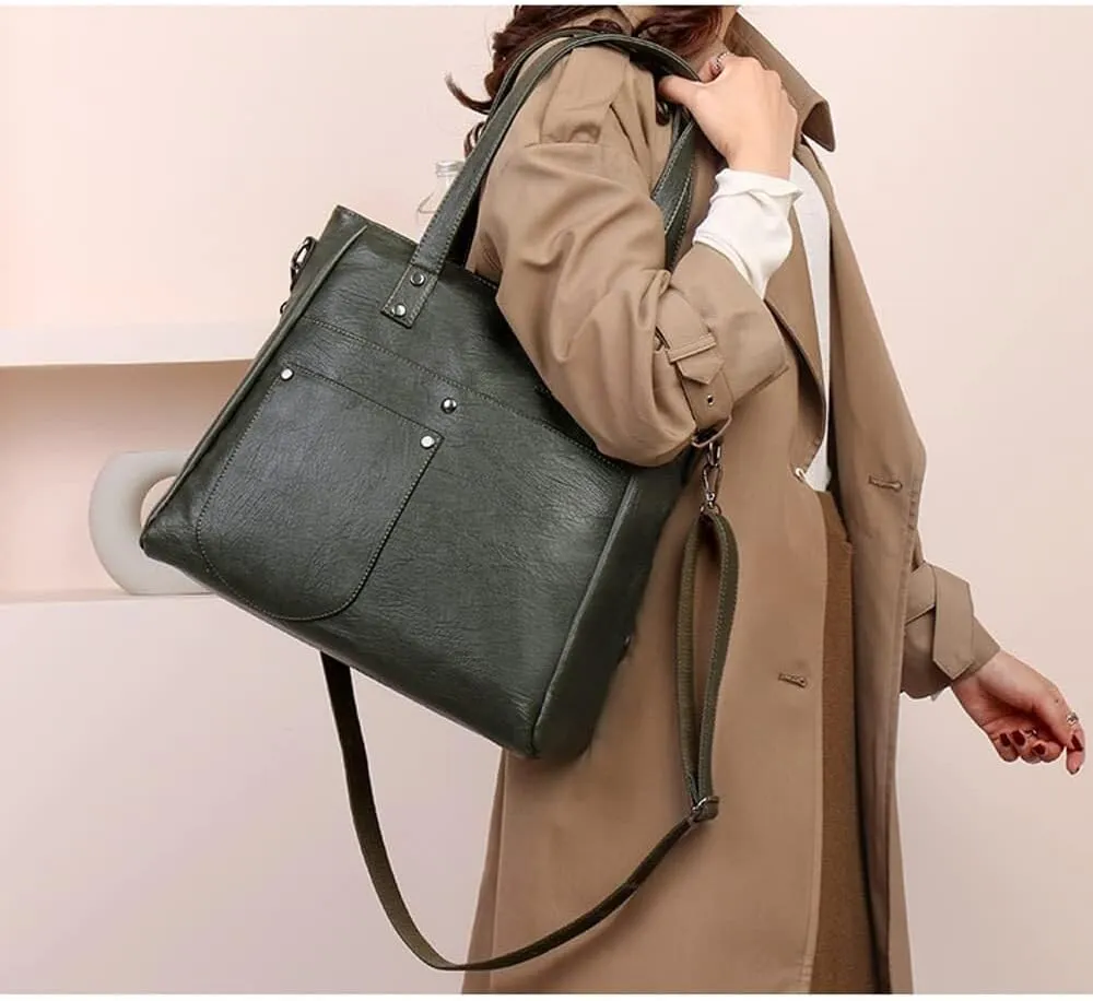 Leather Women Handbags and Purse Set Soft Shoulder Bags Medium Satchel Minimalist Ladies Tote Crossbody 2-Pcs