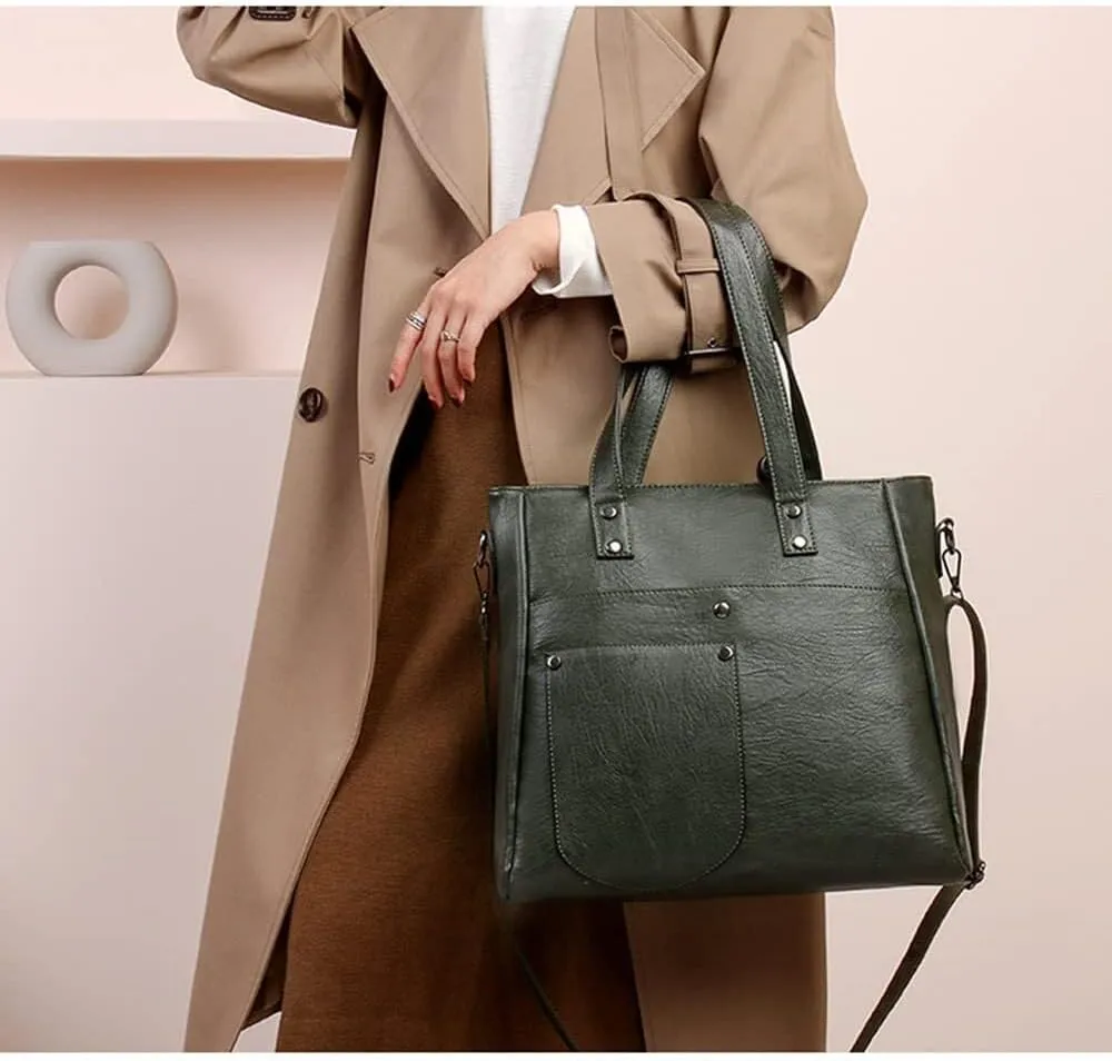 Leather Women Handbags and Purse Set Soft Shoulder Bags Medium Satchel Minimalist Ladies Tote Crossbody 2-Pcs