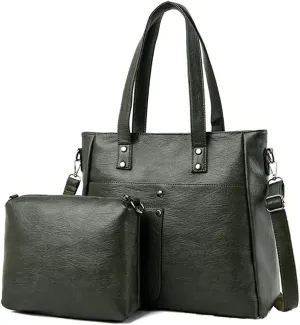 Leather Women Handbags and Purse Set Soft Shoulder Bags Medium Satchel Minimalist Ladies Tote Crossbody 2-Pcs