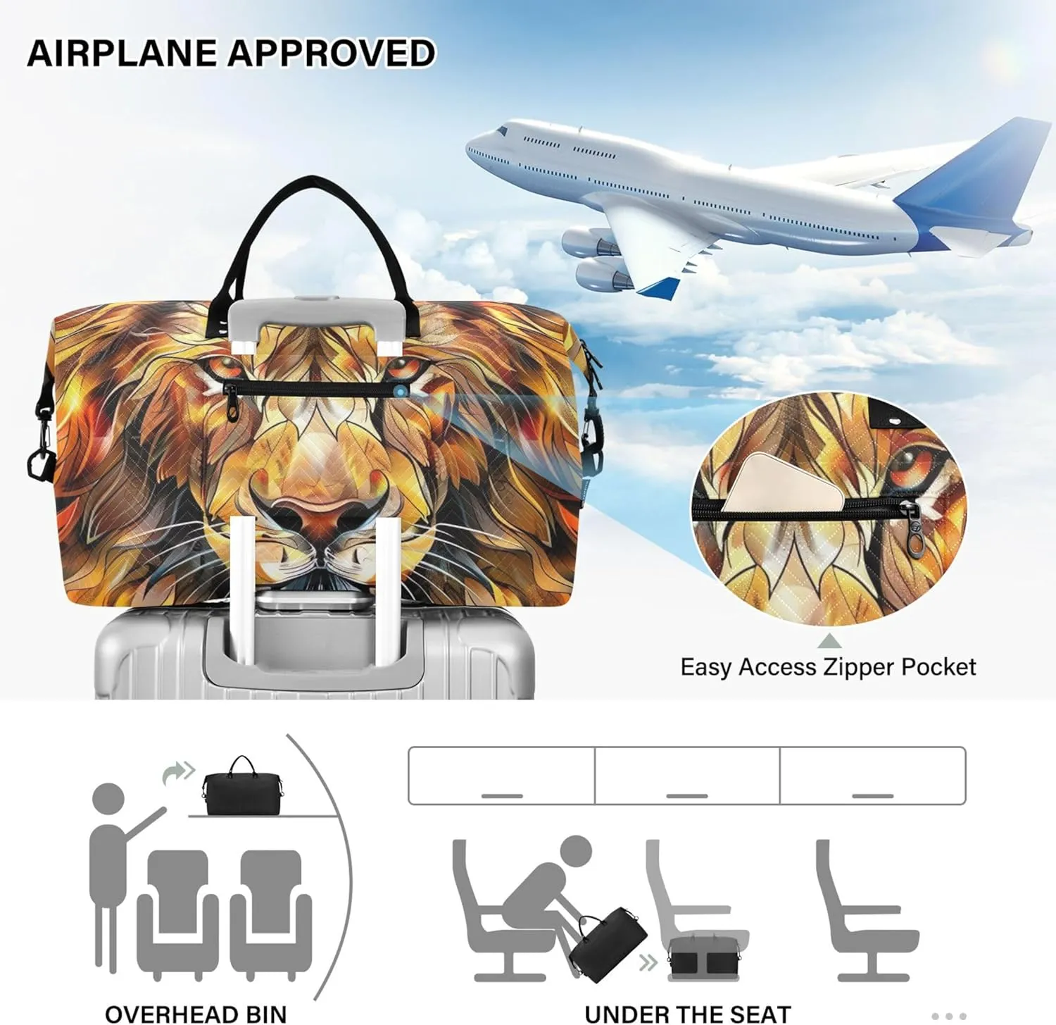 Lion Head Painting Duffle Bags Travel Toiletry Pouches Set of 2, Print Women Gym Duffle Bag Carry on Tote