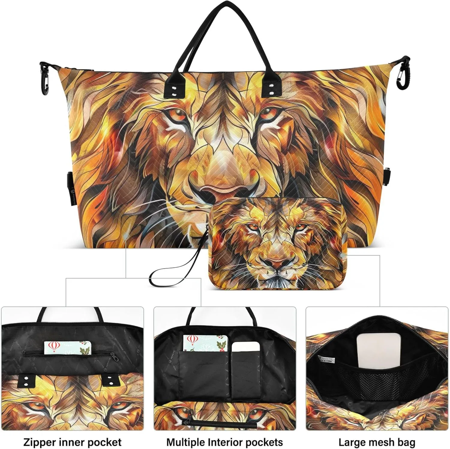 Lion Head Painting Duffle Bags Travel Toiletry Pouches Set of 2, Print Women Gym Duffle Bag Carry on Tote