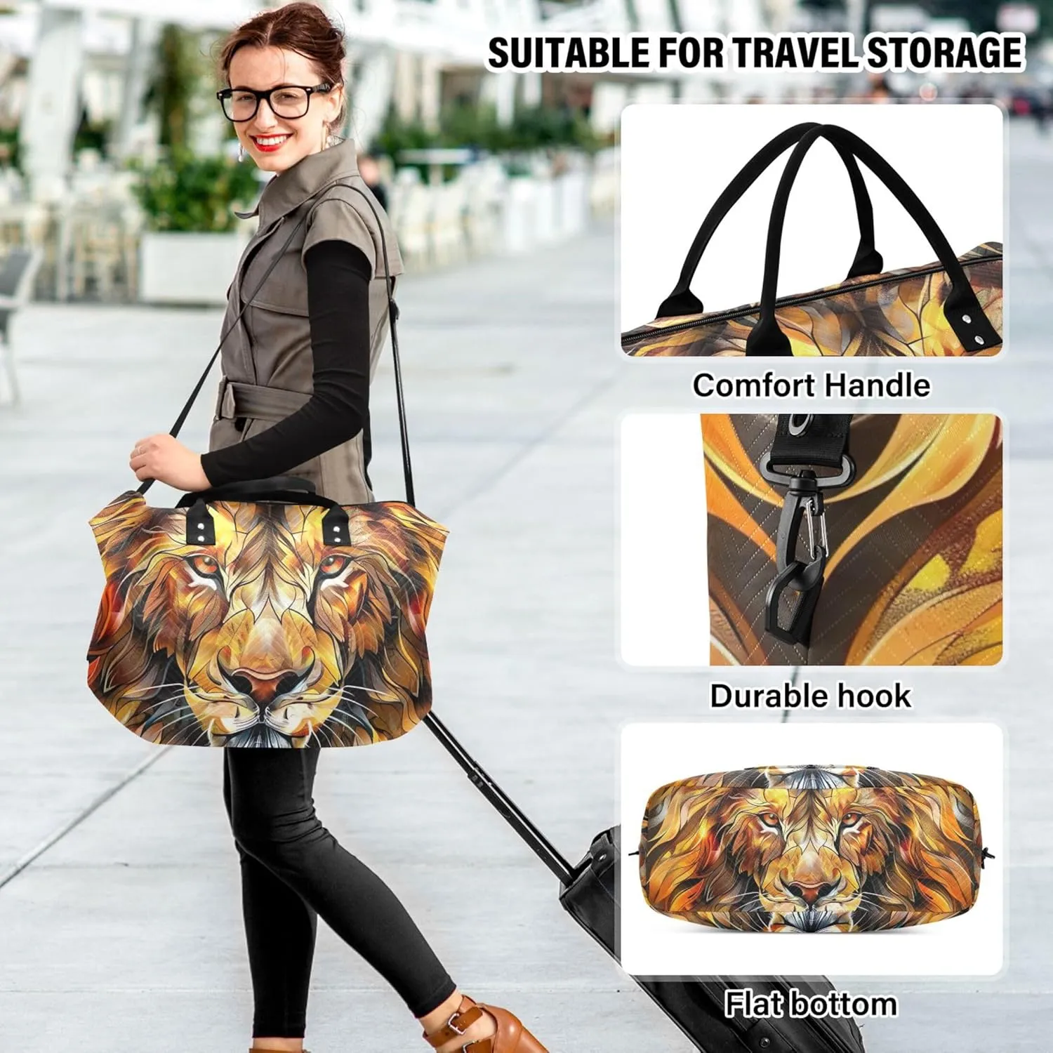 Lion Head Painting Duffle Bags Travel Toiletry Pouches Set of 2, Print Women Gym Duffle Bag Carry on Tote