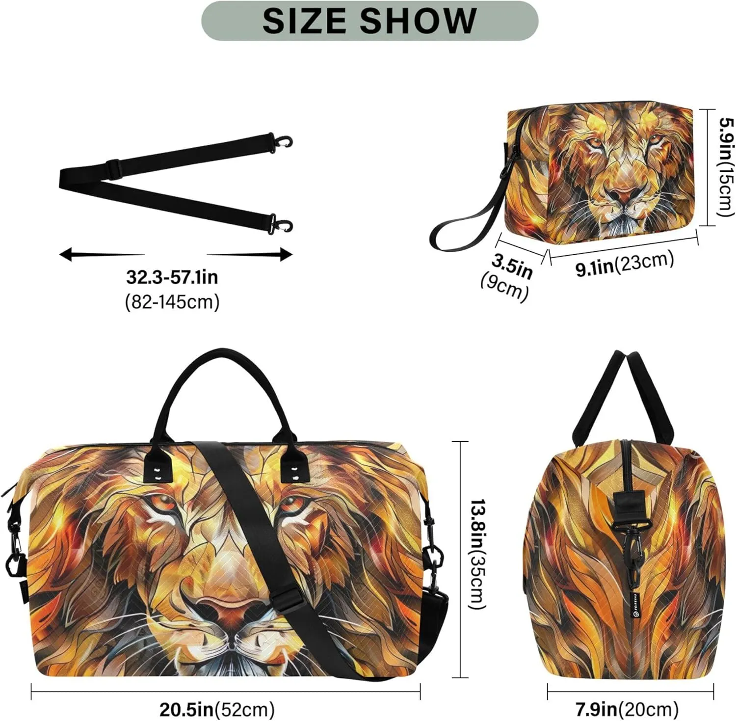 Lion Head Painting Duffle Bags Travel Toiletry Pouches Set of 2, Print Women Gym Duffle Bag Carry on Tote
