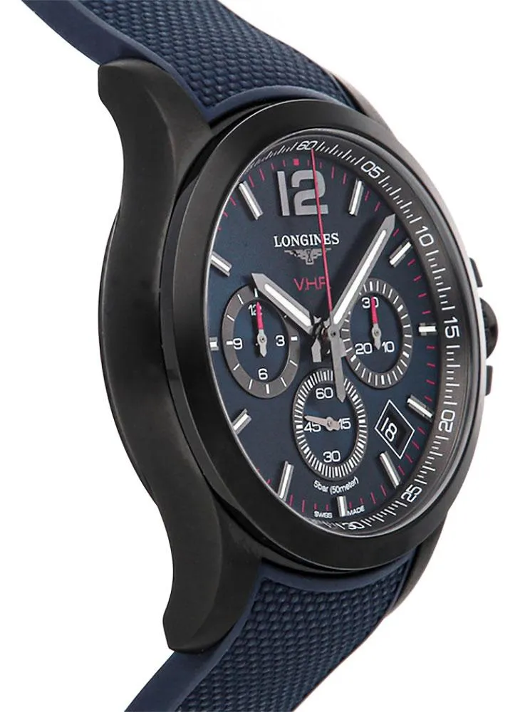 Longines Conquest V.H.P. Chronograph Black PVD Blue Rubber Strap Blue Dial Perpetual Calendar Date Quartz Mens Watch L3.717.2.96.9