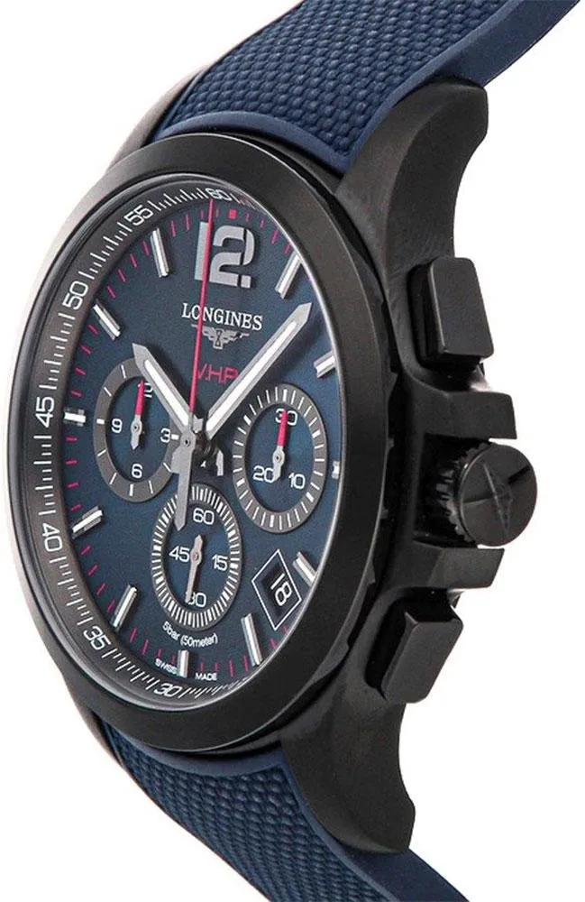 Longines Conquest V.H.P. Chronograph Black PVD Blue Rubber Strap Blue Dial Perpetual Calendar Date Quartz Mens Watch L3.717.2.96.9
