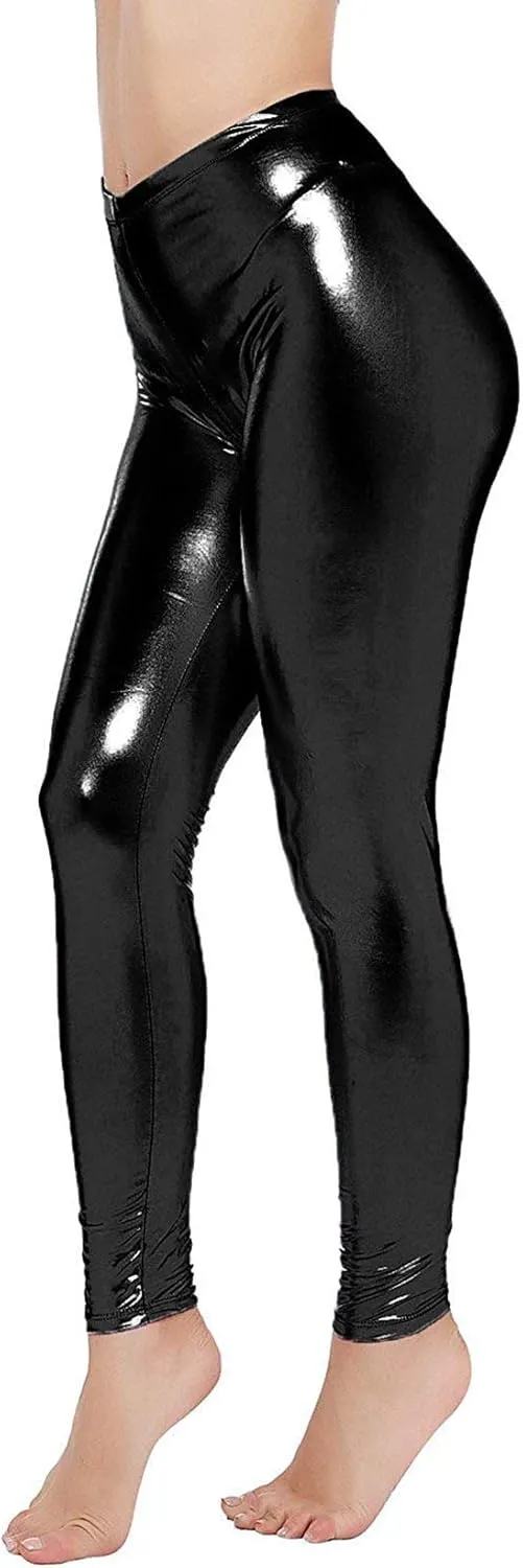 Loxdonz Women Wet Look Shiny Metallic Leggings Liquid Waist Stretch Pants