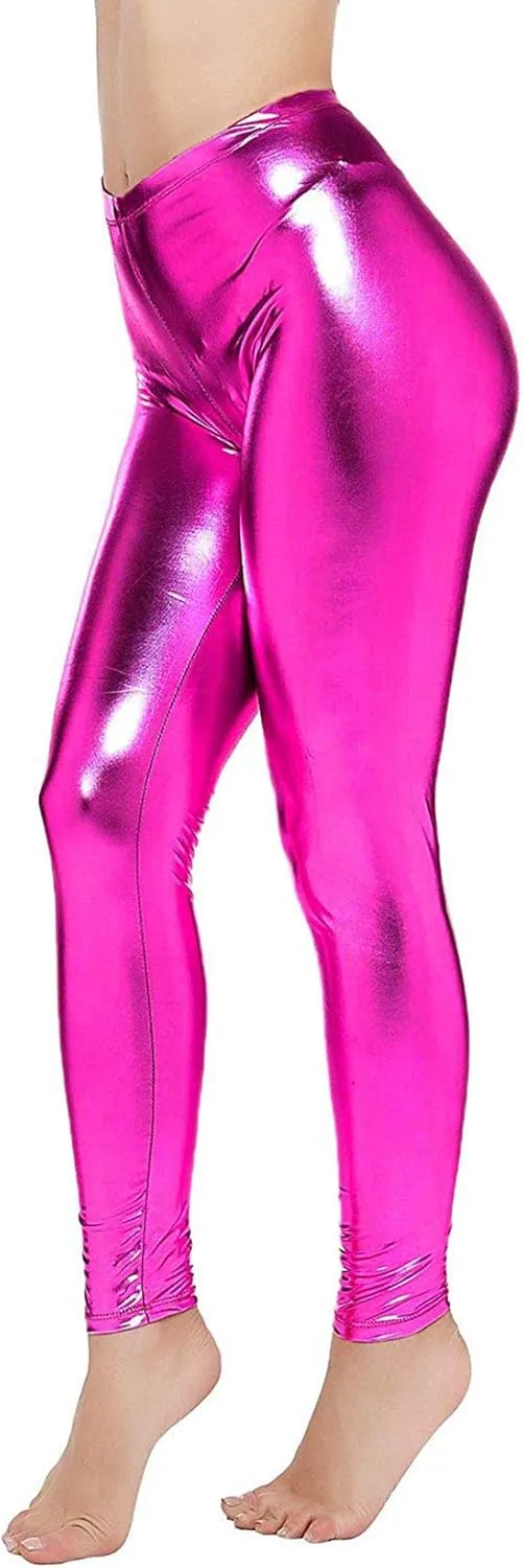 Loxdonz Women Wet Look Shiny Metallic Leggings Liquid Waist Stretch Pants
