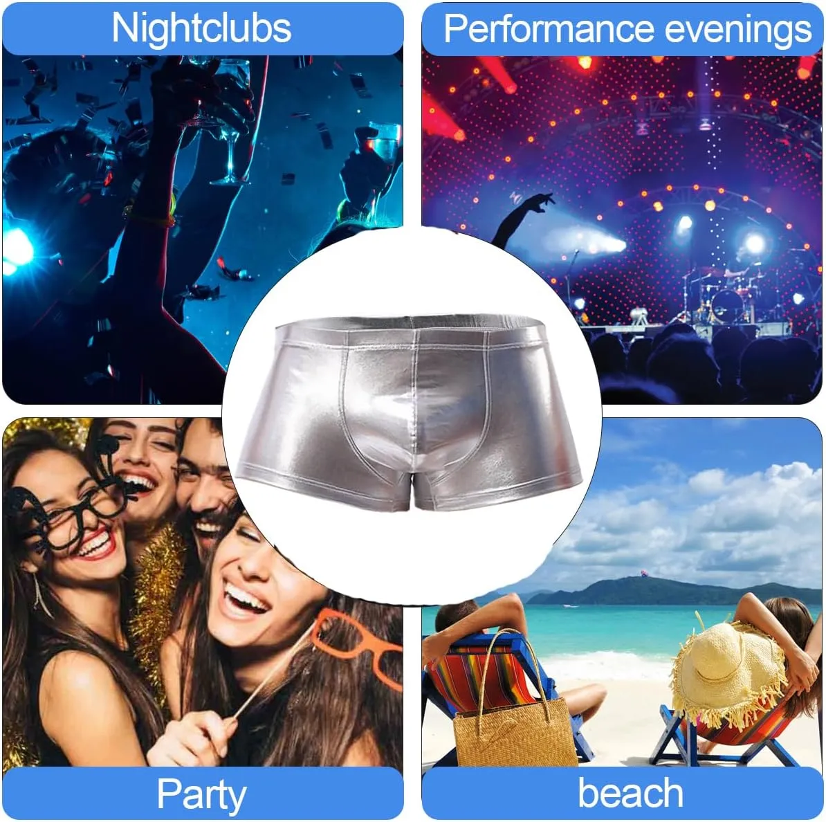 LuckyMoon Men's Shiny Boxer Shorts, Elastic Liquid Metallic Boxer Briefs, Low Waist Men's Sexy Boxer, Sparkly Hot Short Pants