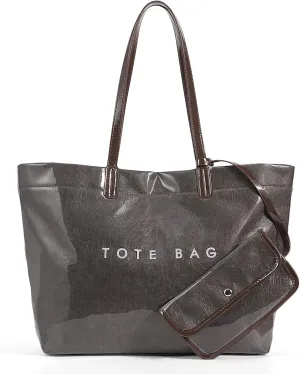 Lushandy Tote Bag for Women Thick PVC Tote Bags with Shouler Strap Large Plastic Carry All Bag Designer Hobo Handbag for Work