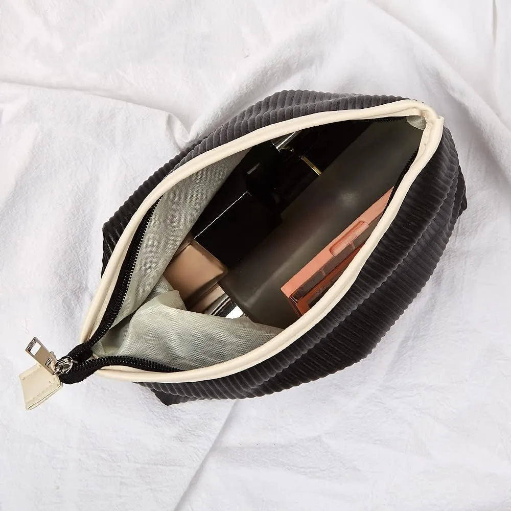 Makeup Bag, 2Pcs Cream Cosmetic Pouches, Small Zipper Pouch for Tote Bag, Portable Stripes Textured Makeup Organizer (Black)