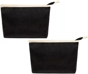 Makeup Bag, 2Pcs Cream Cosmetic Pouches, Small Zipper Pouch for Tote Bag, Portable Stripes Textured Makeup Organizer (Black)