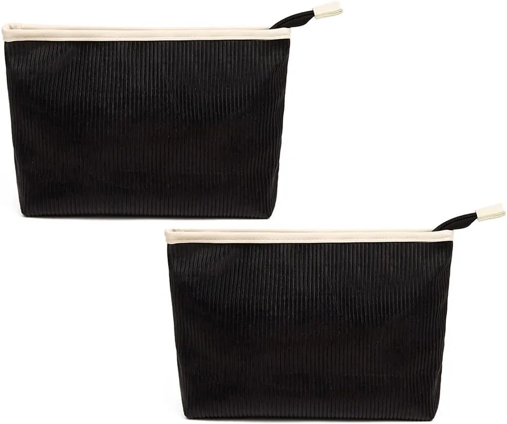 Makeup Bag, 2Pcs Cream Cosmetic Pouches, Small Zipper Pouch for Tote Bag, Portable Stripes Textured Makeup Organizer (Black)