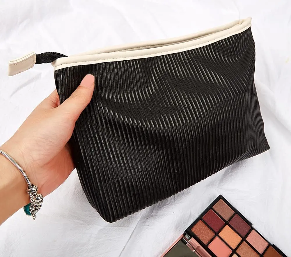 Makeup Bag, 2Pcs Cream Cosmetic Pouches, Small Zipper Pouch for Tote Bag, Portable Stripes Textured Makeup Organizer (Black)