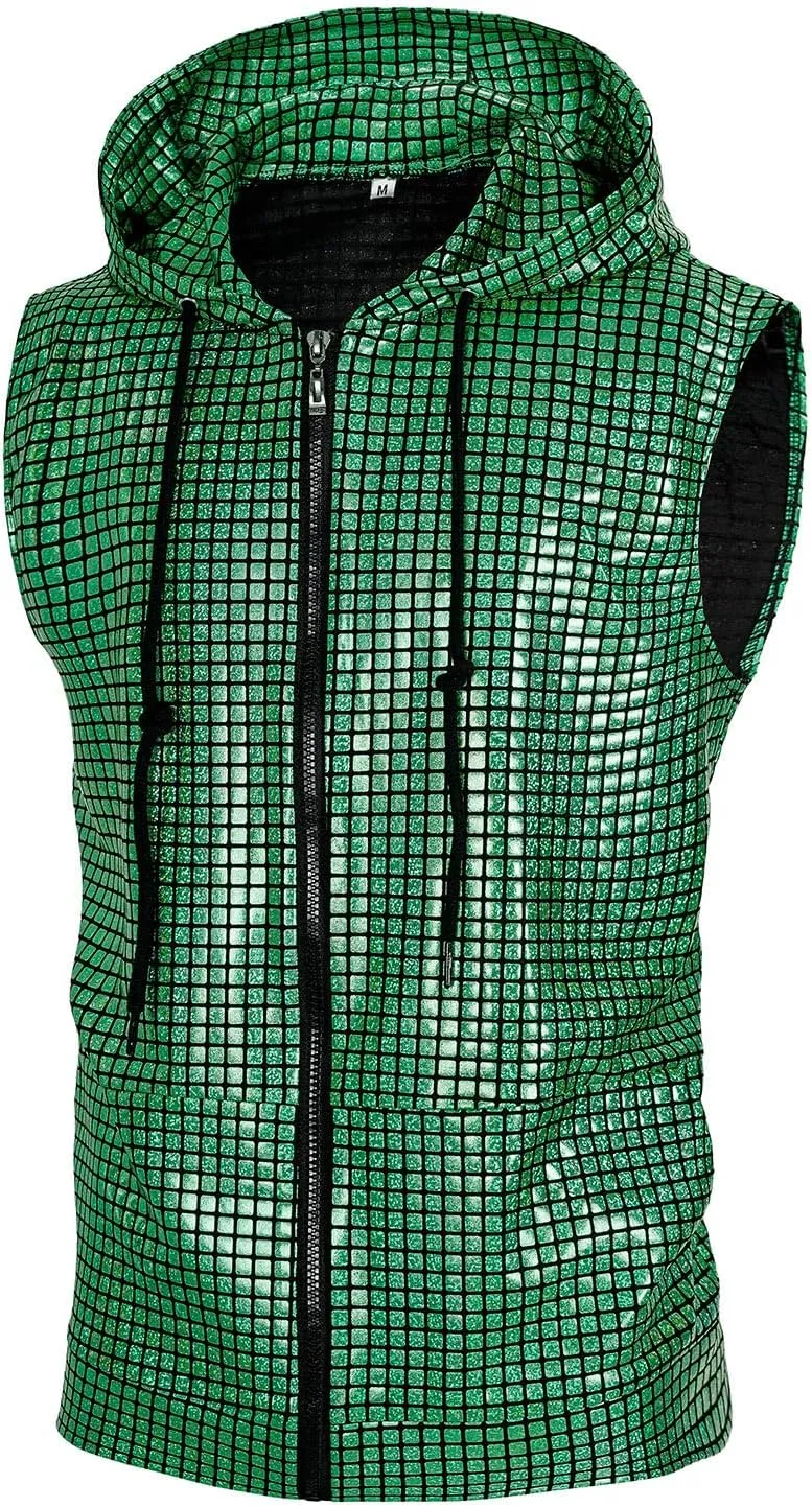 Mens Disco sequin vest metallic Zip Up Shirts 70s Costume with Pocket