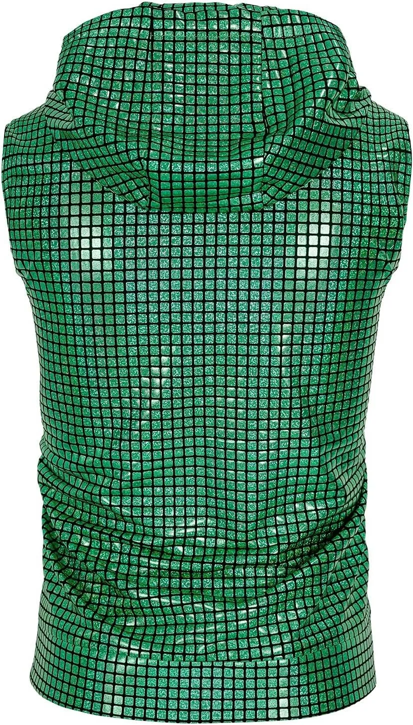 Mens Disco sequin vest metallic Zip Up Shirts 70s Costume with Pocket