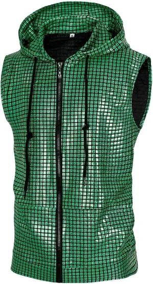 Mens Disco sequin vest metallic Zip Up Shirts 70s Costume with Pocket