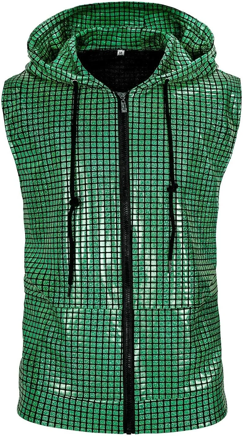 Mens Disco sequin vest metallic Zip Up Shirts 70s Costume with Pocket