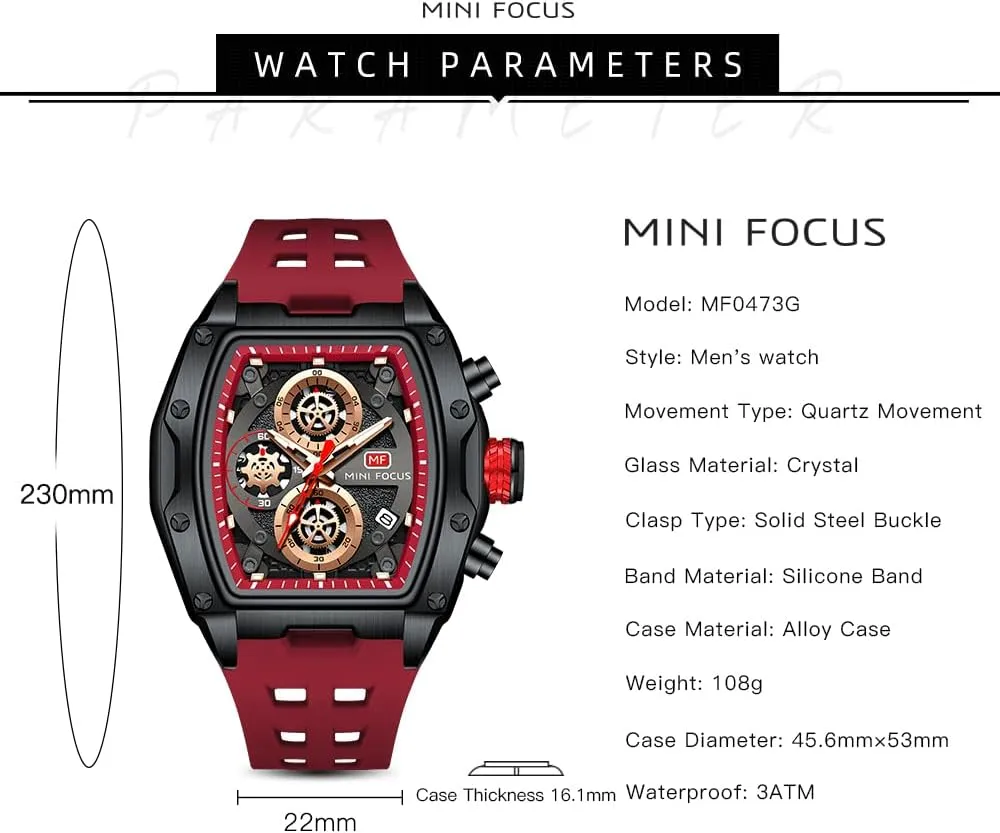 MF MINI FOCUS Men Watches Unique Wrist Watches (Chronograph/Waterproof/Luminous/Calendar) Soft Silicon Band Fashion Watches for Men