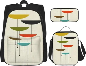 Mid Century Modern Prints Print 3pcs Casual Backpack With Lunch Box Unisex Adjustable Backpack,Travel Laptop Backpack